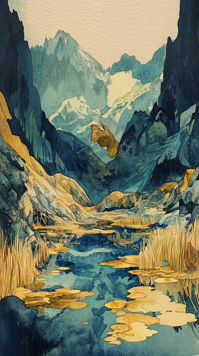 Aquarell-Berglandschaft mit Bach, Schilf und Murmeltier