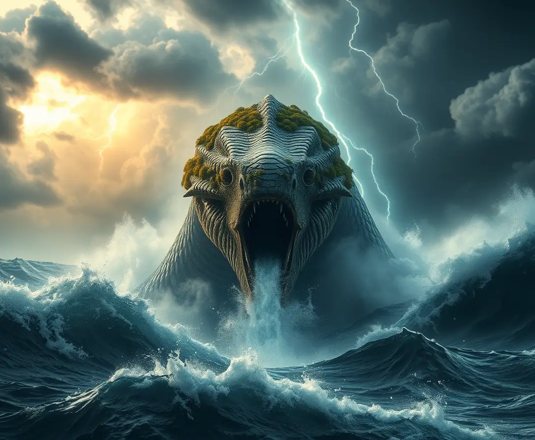 Colossale serpente marino che emerge dall’oceano sferzato dalla tempesta