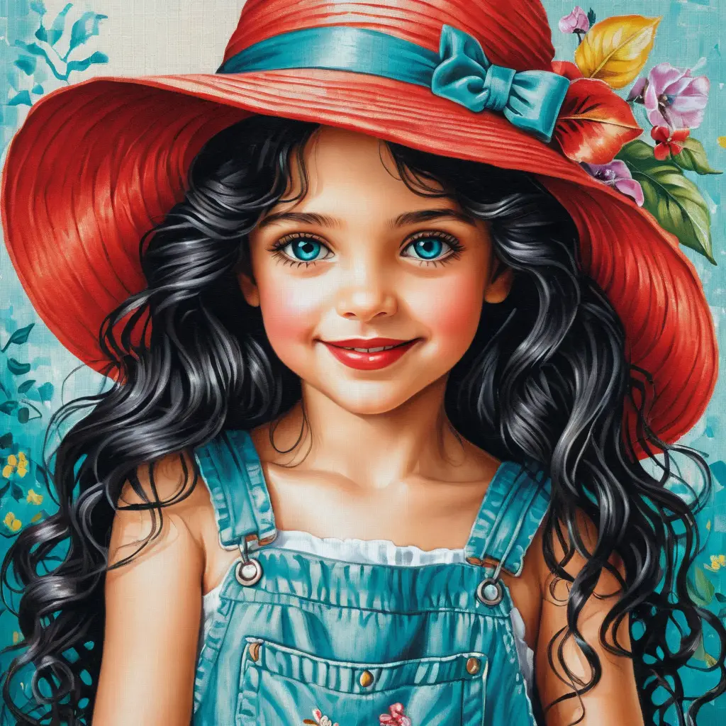 Smiling girl in summer hat with long curly black hair