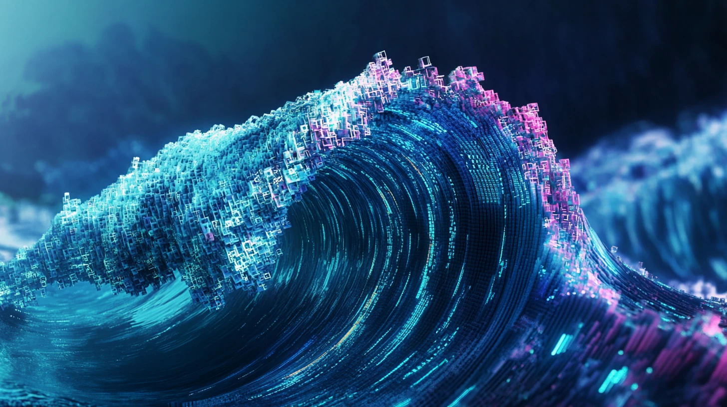 Vague architecturale abstraite se brisant en voxels et lignes de données