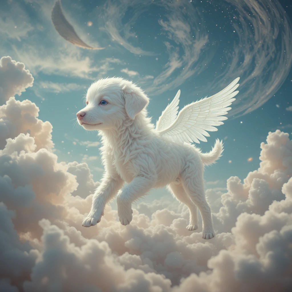 Cucciolo alato che fluttua tra nuvole celesti pastello