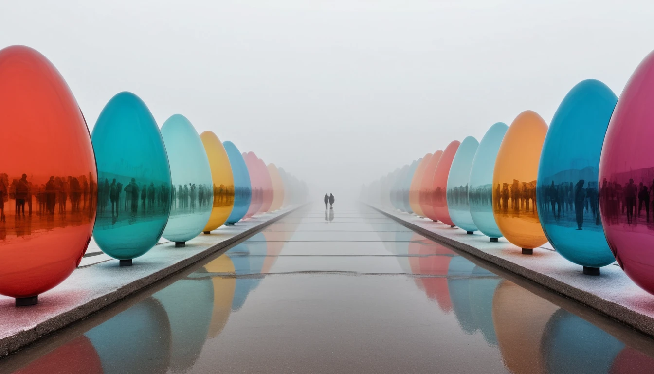 Cidade surreal de casas em forma de ovo surgindo em neblina suave