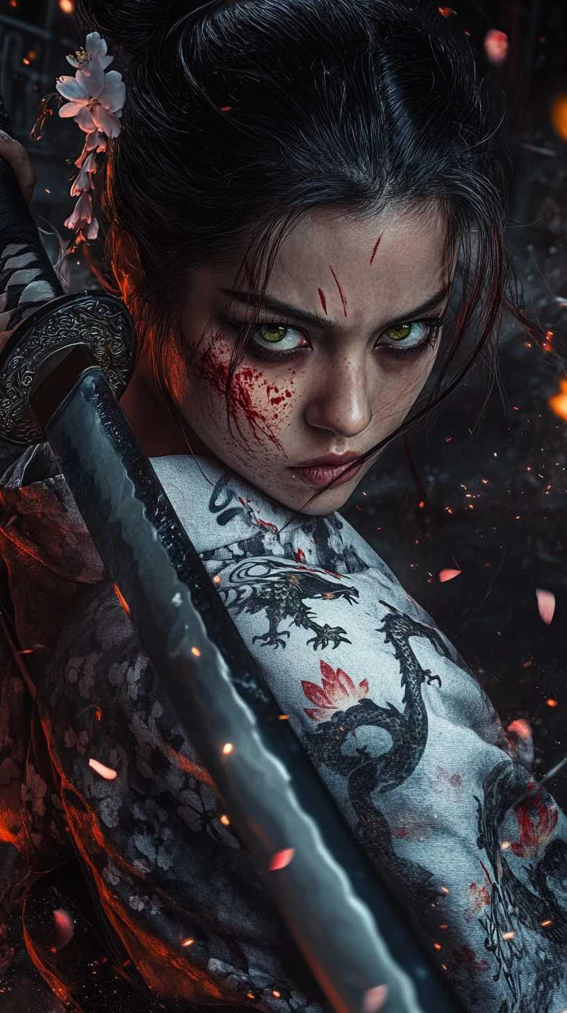 Feroz samurái femenina desenvainando su katana entre brasas