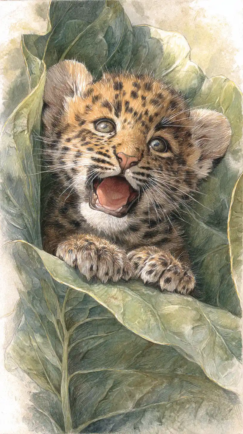 Cute baby leopard cub nestled inside a giant leaf