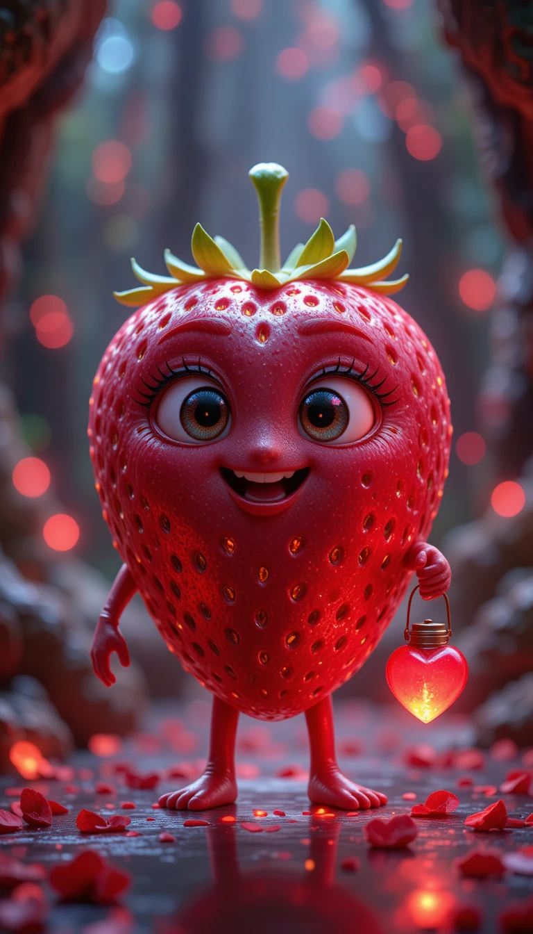 Adorable personaje de fresa 3D en una escena de bienestar luminosa