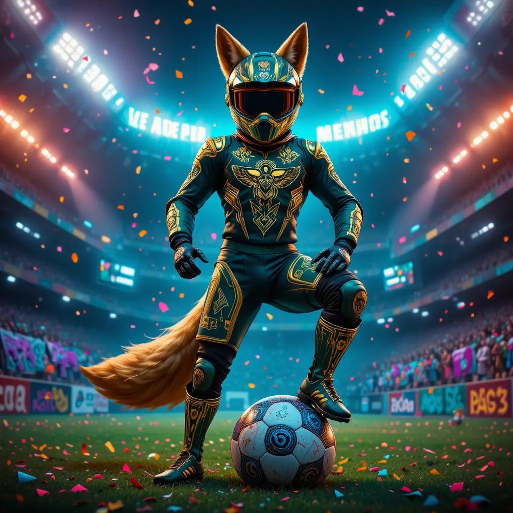 Anthropomorpher Fuchs in Motocross-Ausrüstung auf WM-Fußball