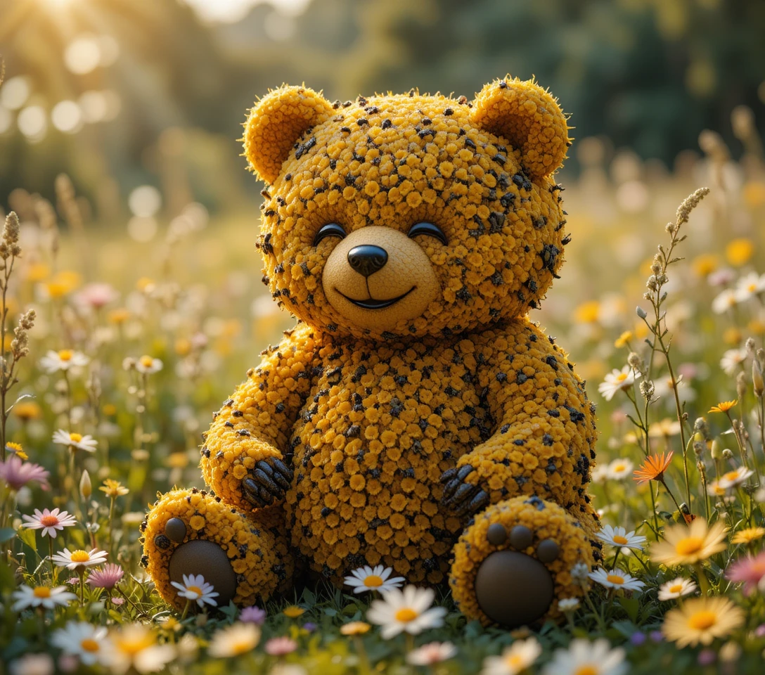 Adorable ours-abeille se reposant dans une prairie ensoleillée de fleurs sauvages