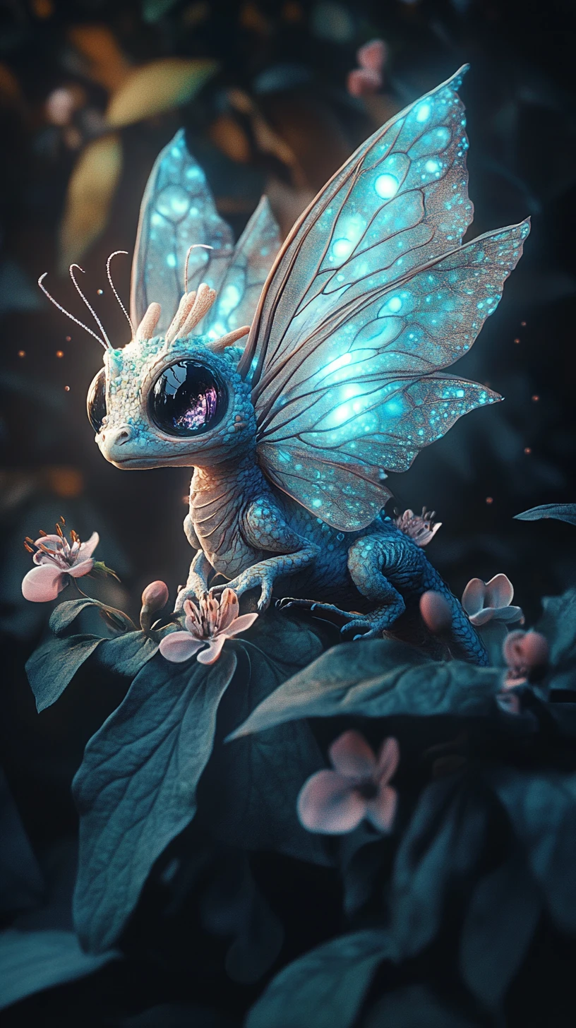 Pequeno dragão com asas de mariposa em uma floresta escura e brilhante