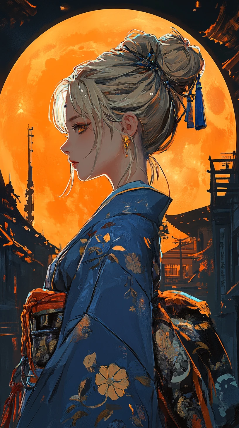 Chica anime con kimono azul frente a una luna naranja brillante
