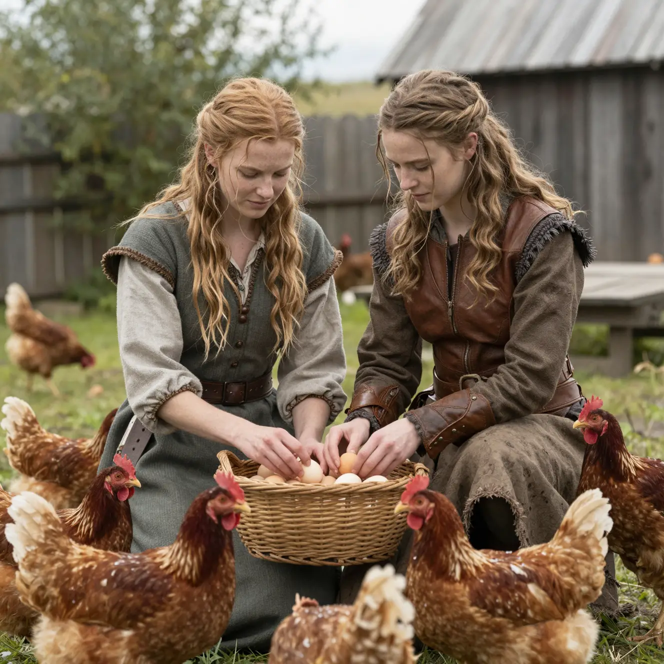 Two fantasy girls gathering eggs in a rustic yard