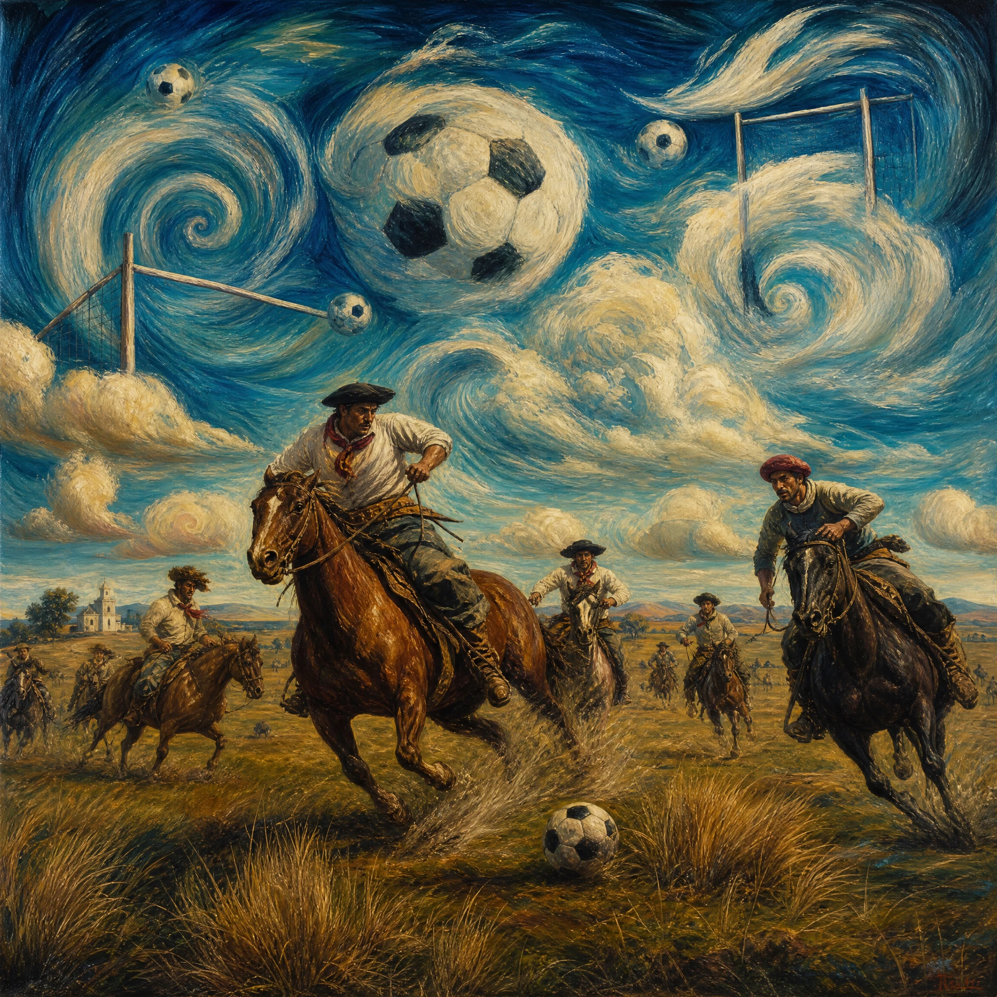 Gauchos surreais jogando futebol nas pampas argentinas