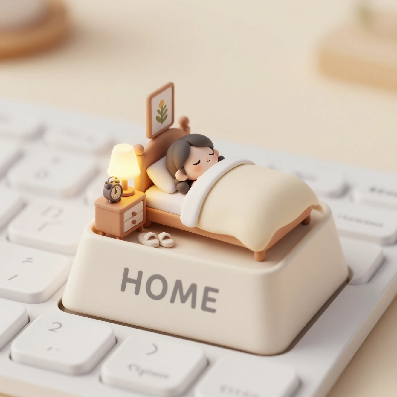 Chambre miniature à l’intérieur d’une touche de clavier avec fille endormie