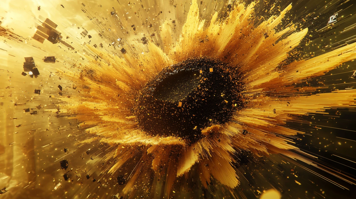 Girasole che esplode in frammenti voxel e scie lineari