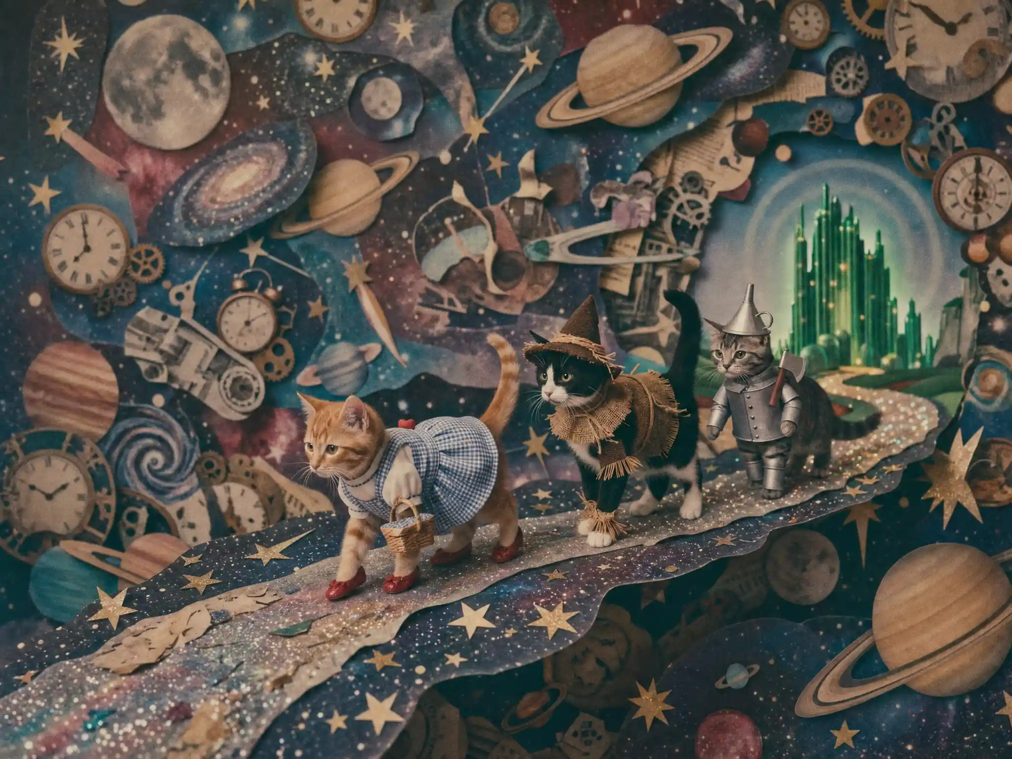 Vintage film style photograph of cats floating in space