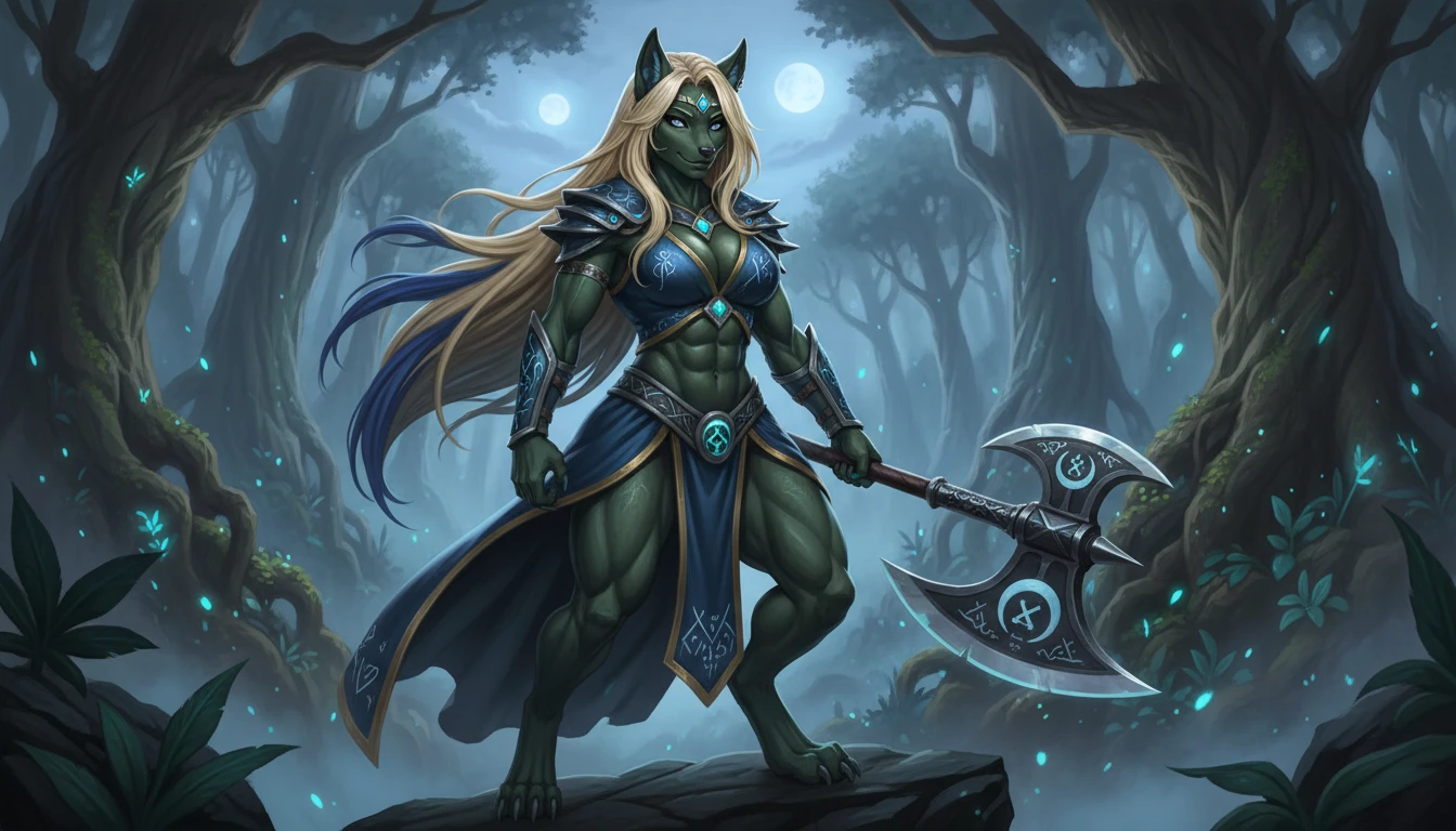 Reine de fantasy royale aux cheveux blonds aux pointes bleues et à la hache