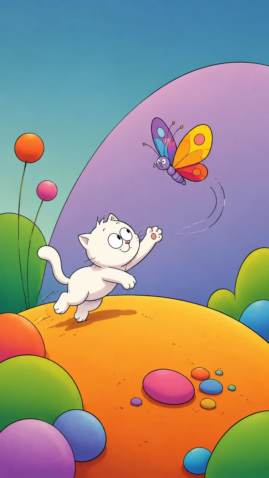 Chat cartoon joueur observant un papillon coloré