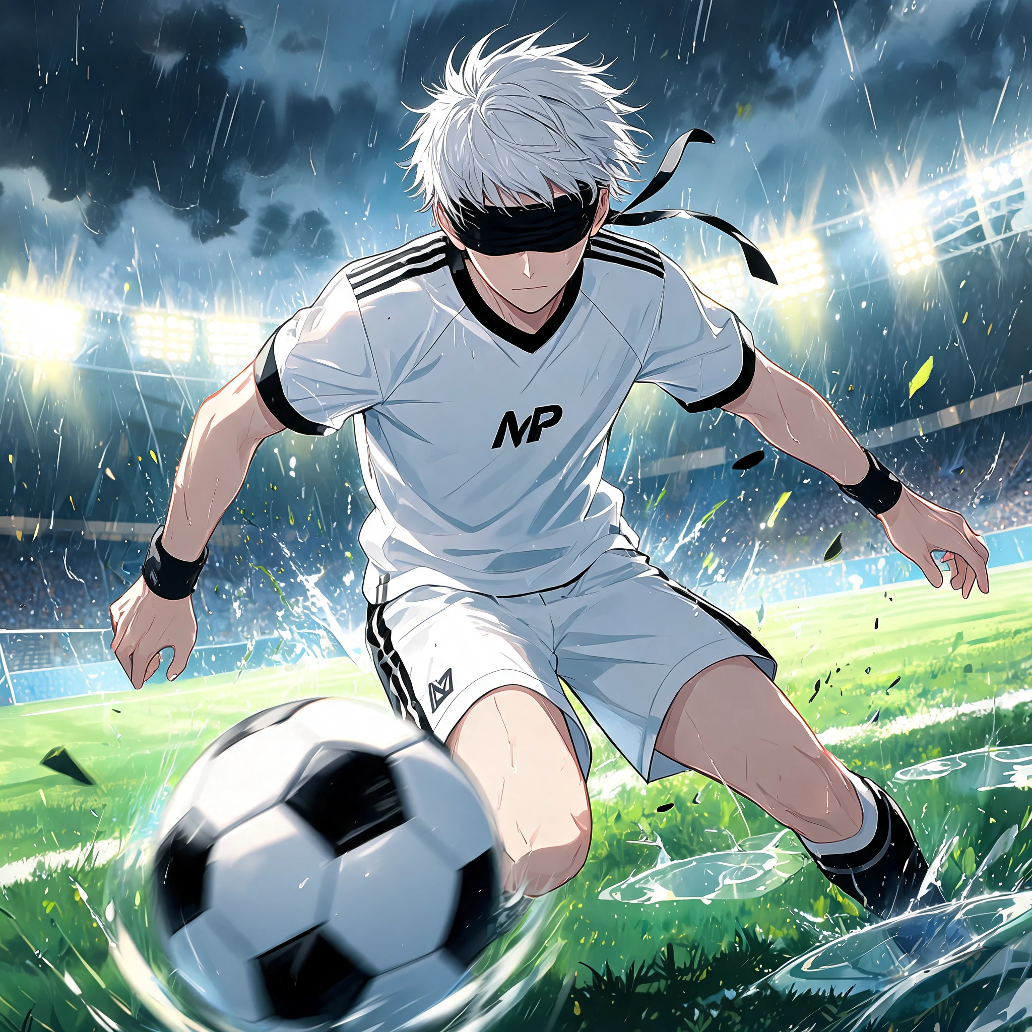 Prodígio de futebol de anime vendado em um campo tempestuoso