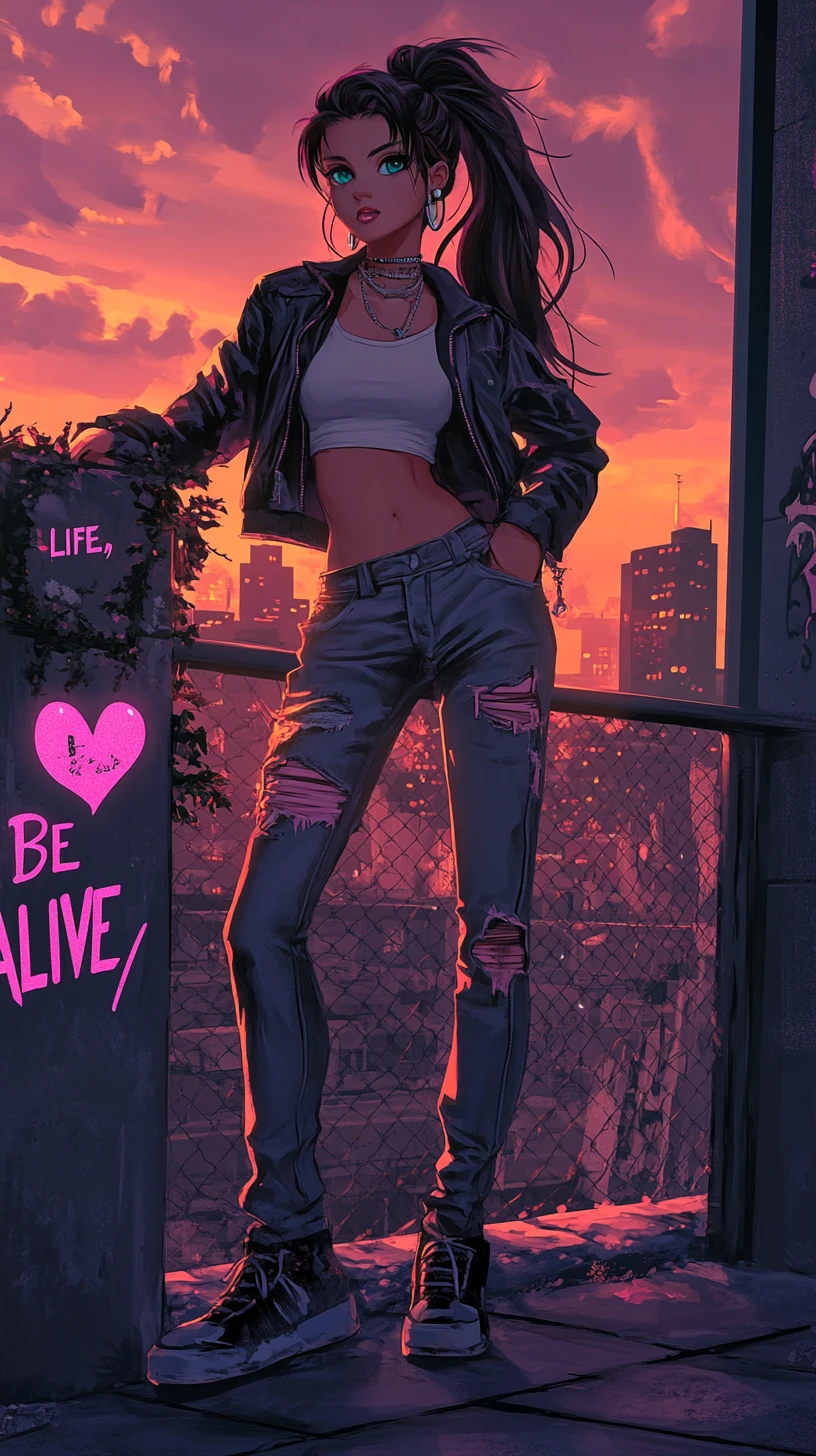 Ragazza anime sicura di sé su una terrazza cittadina al tramonto