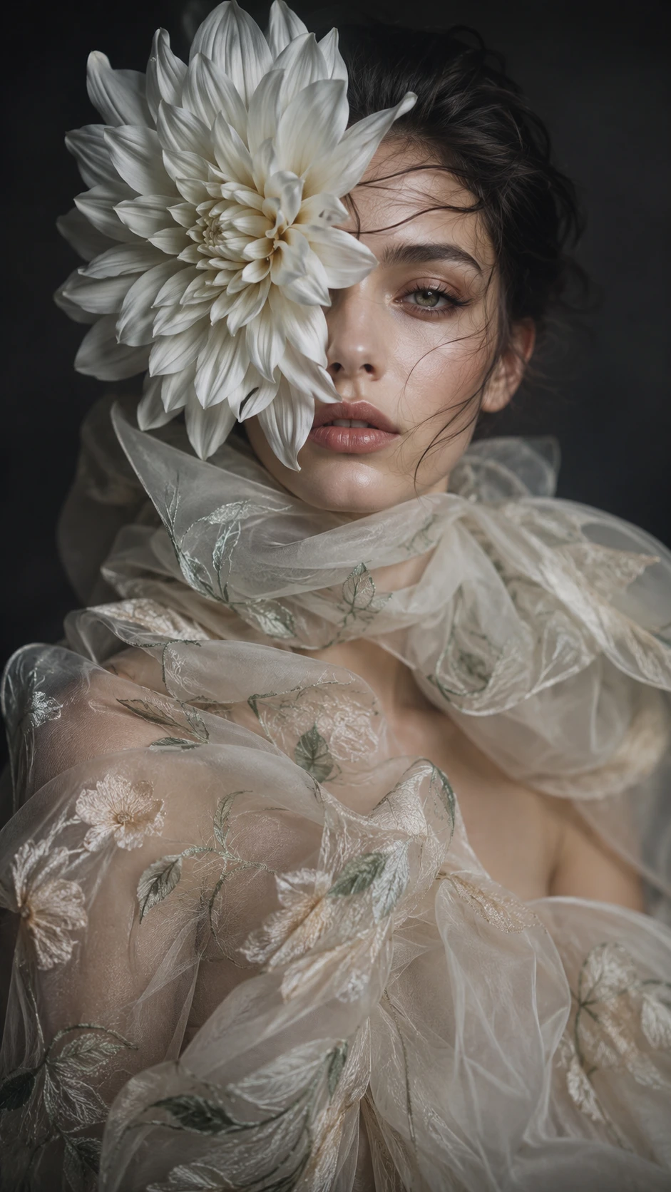 Retrato fine art de mulher com dália branca e seda floral