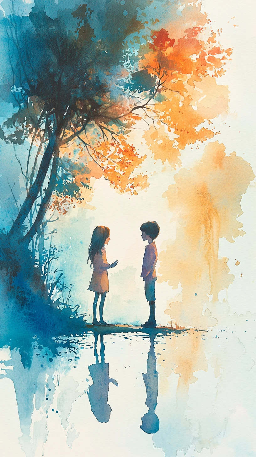 Dolce illustrazione ad acquerello di due bambini in tranquilla conversazione