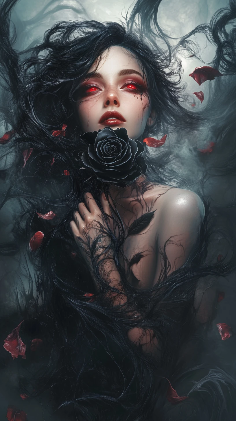 Donna dai capelli scuri con rosa nera nel vuoto gotico