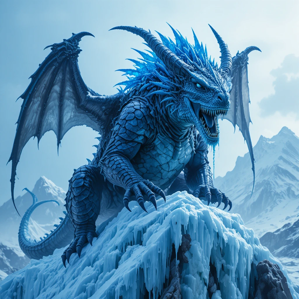 Dragão azul ancestral sobre uma montanha de gelo brilhante e despedaçada