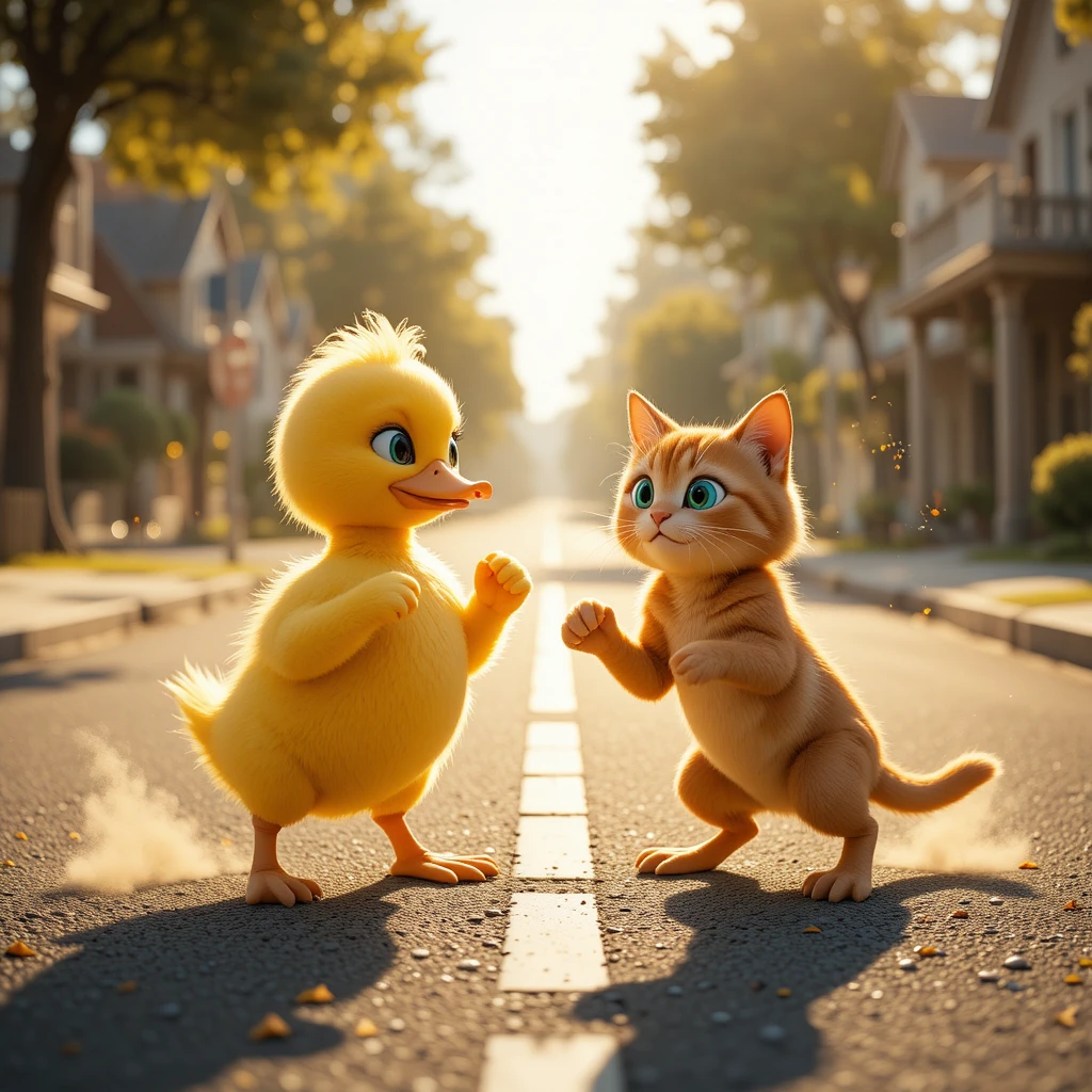Pato brincalhão e gato se encaram em rua ensolarada