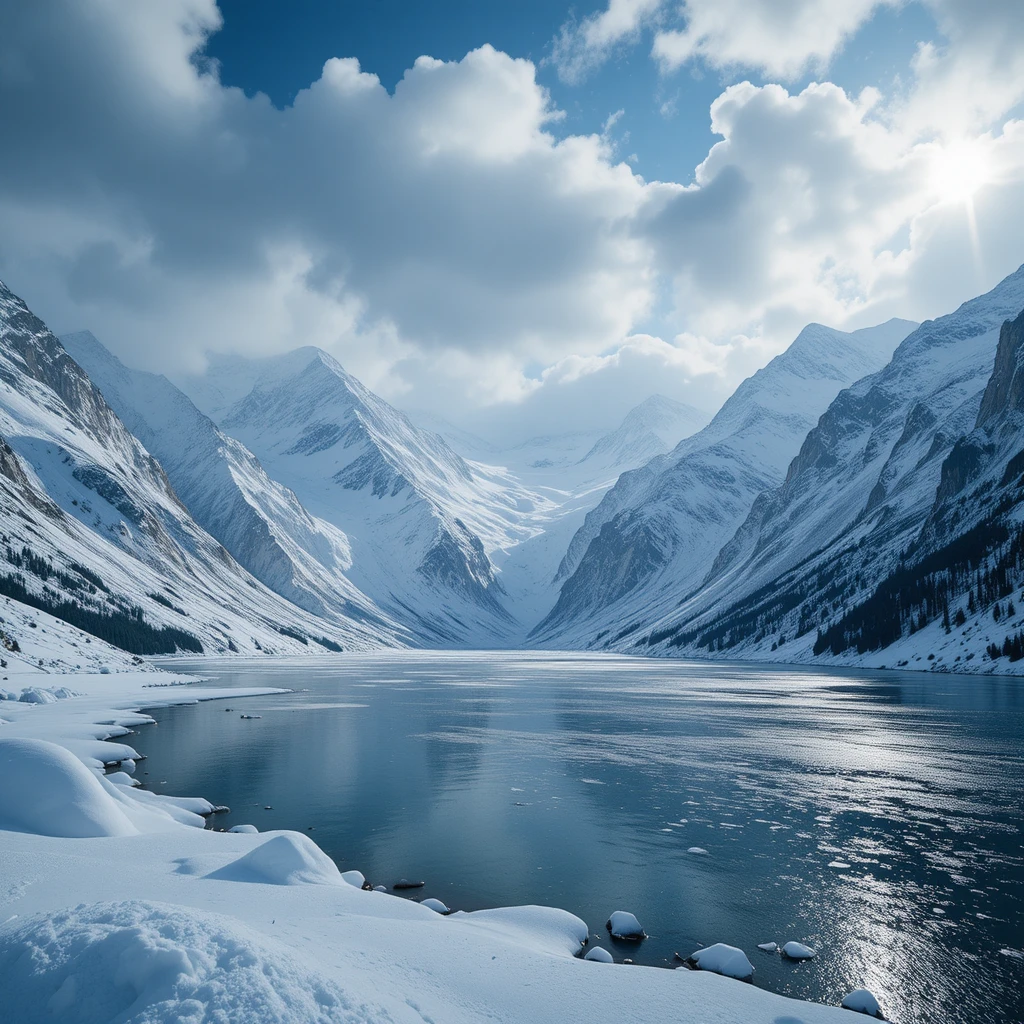 Paysage de montagne enneigée avec lac gelé et nuages