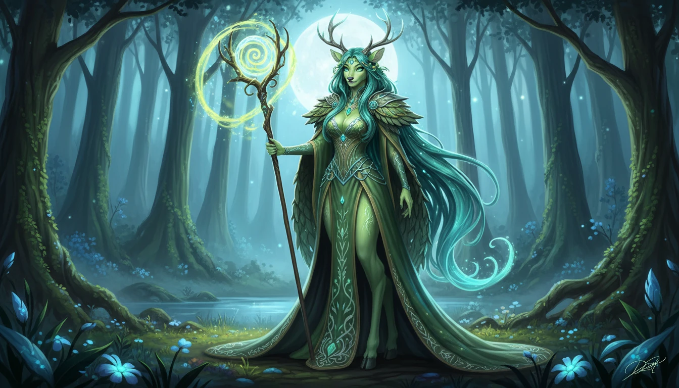 Regale regina cervo primordiale con fluente chioma verde acqua