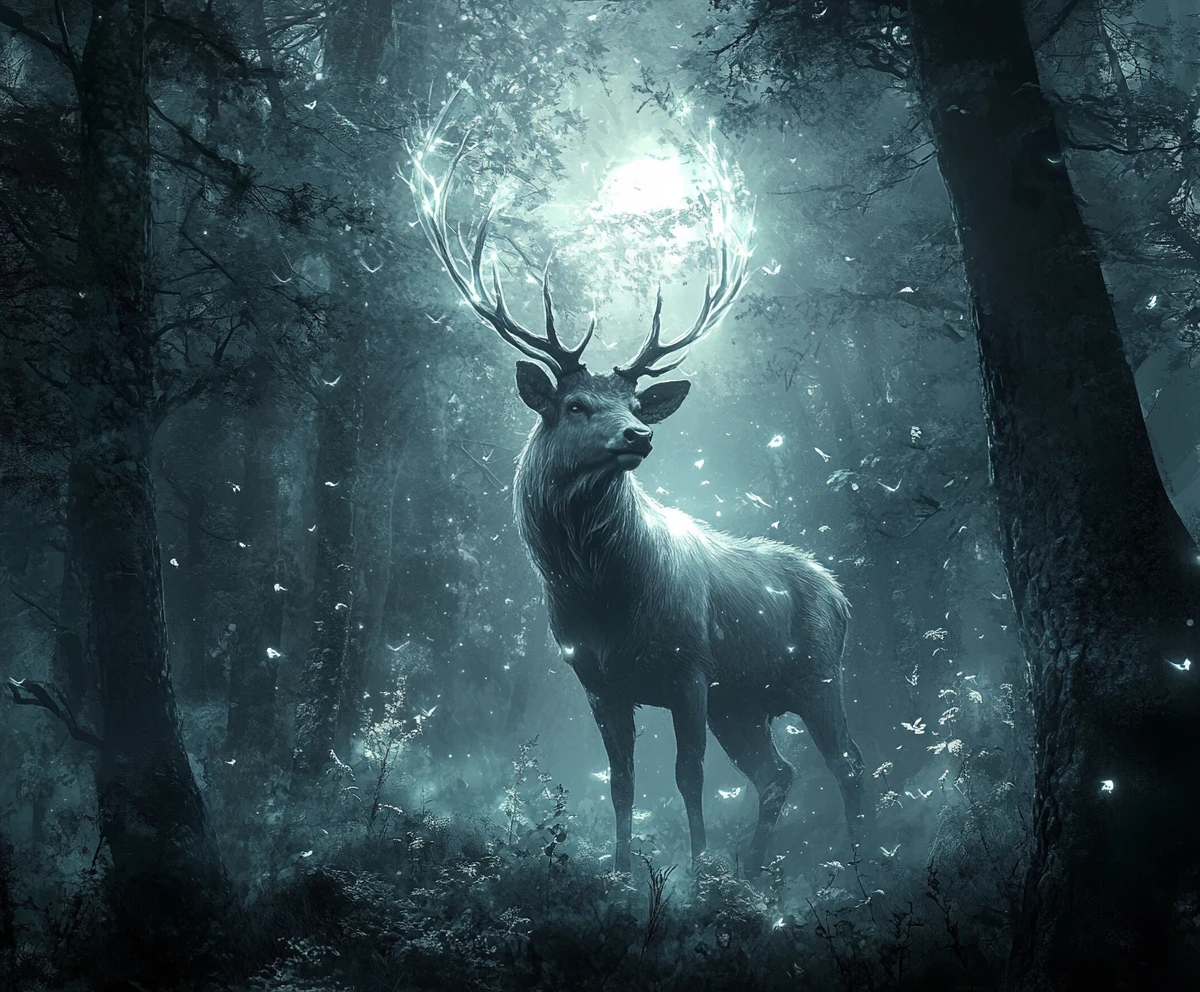 Cerf spectral dans une clairière de forêt fantastique au clair de lune