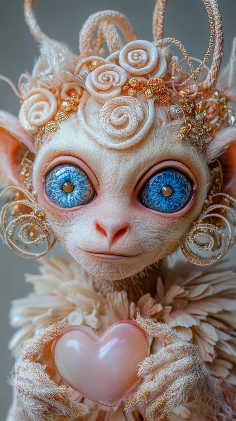 Criatura fantástica adornada con dulces y enormes ojos azules