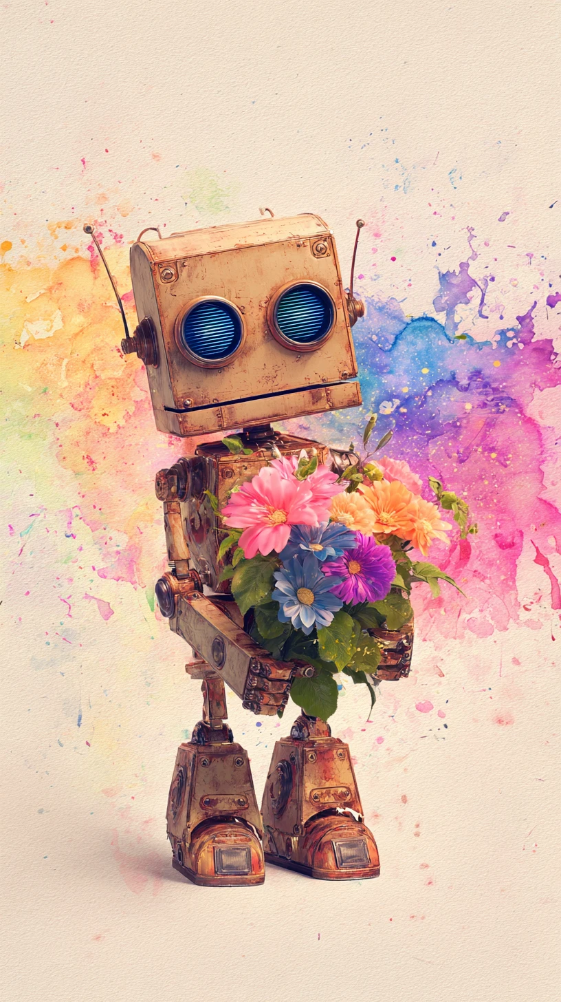 Fofinho robô retrô segurando flores coloridas em aquarela