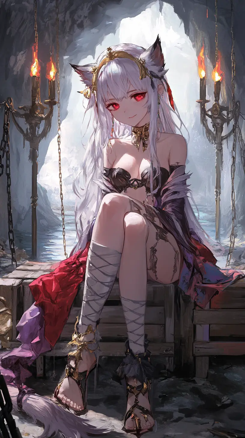 牆上火把照亮的白色洞穴中的動畫少女