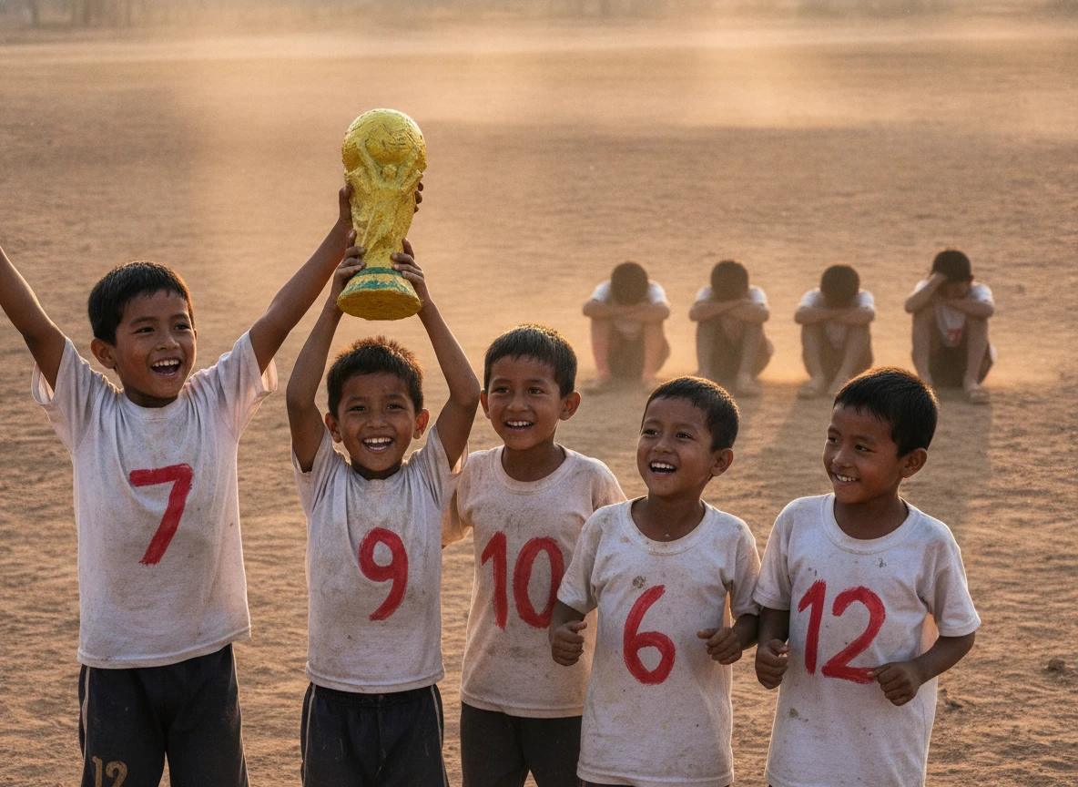 Enfants célébrant la victoire sur un terrain de football rural poussiéreux