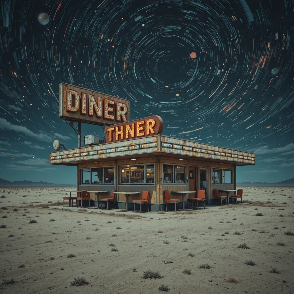 Surreal vinyl diner on a desolate alien plain at night