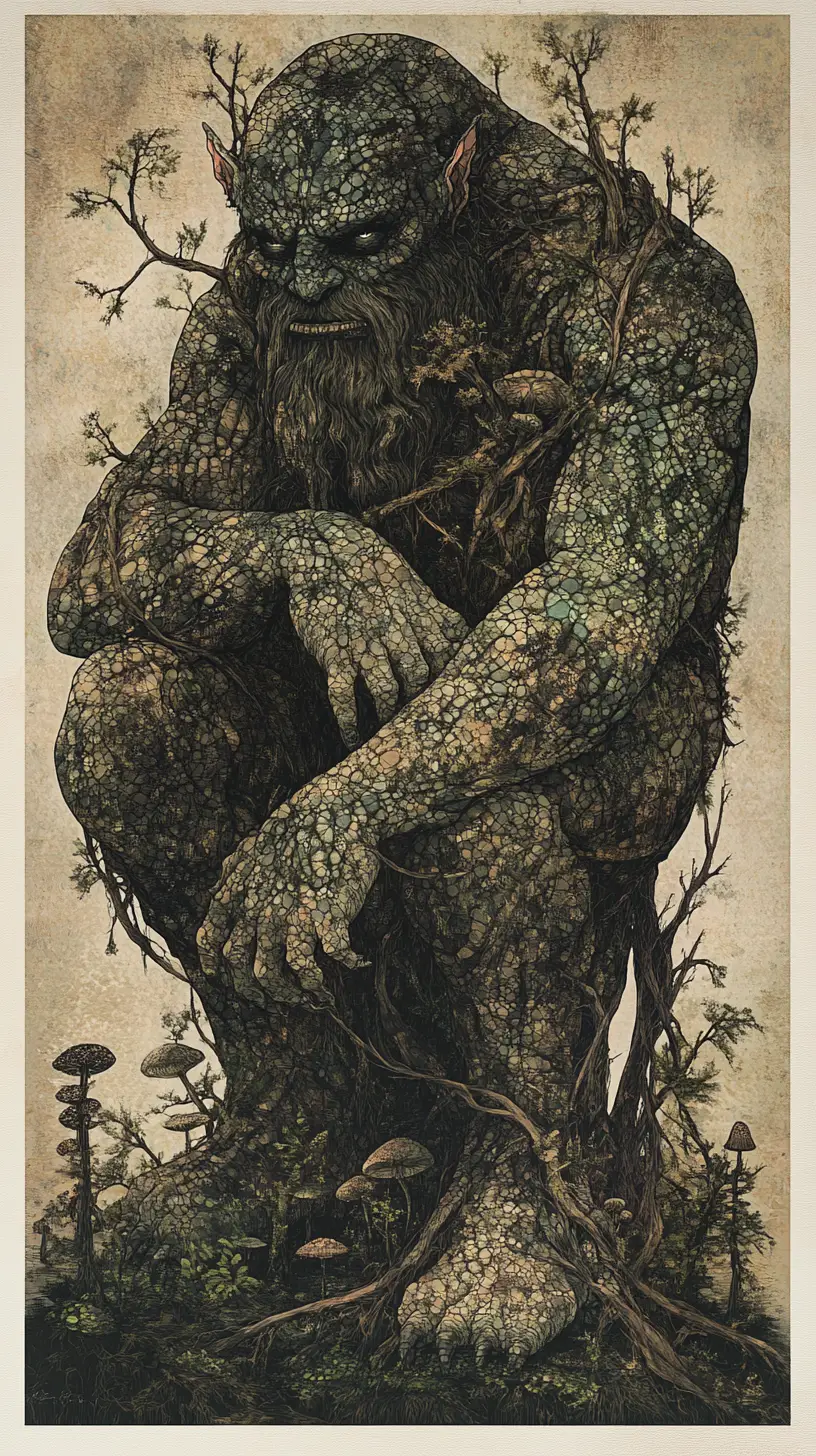 Ogre Fusionné avec l’Écorce, la Mousse et les Racines de la Forêt