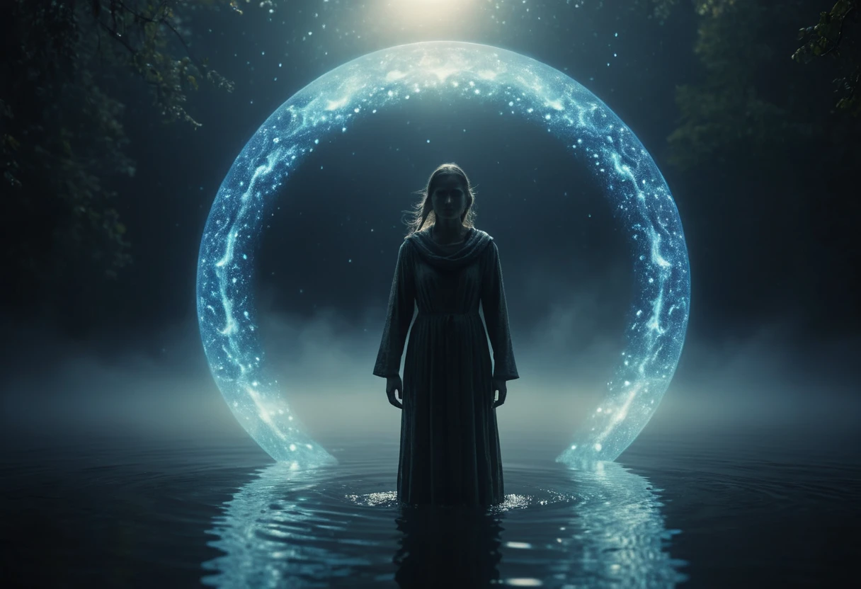 Full body woman linked to a glowing cosmic water circle