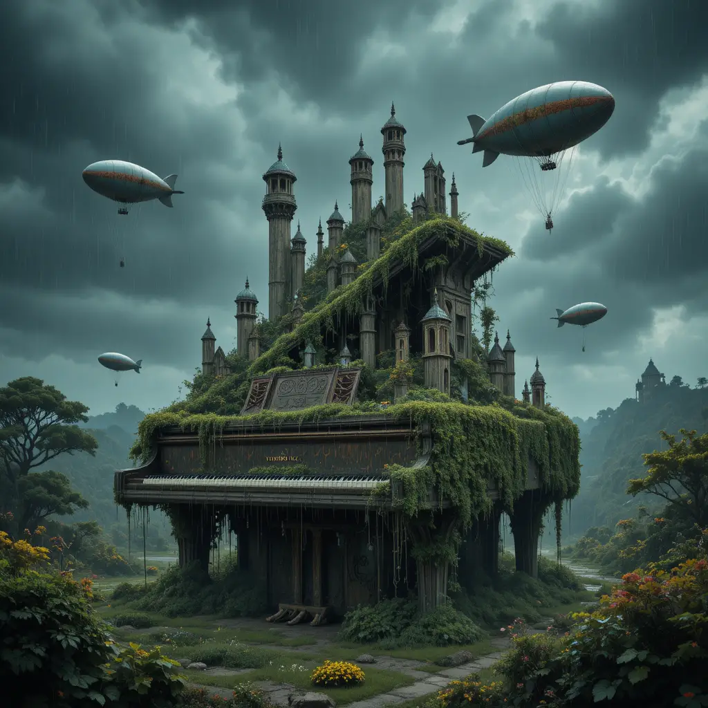 Surreal piano city with overgrown keys and rainy sky