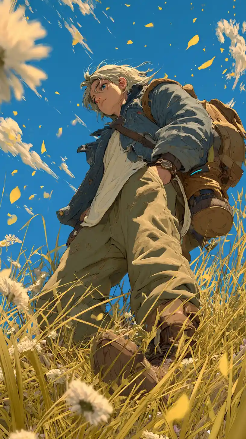 Anime hero in a peaceful sunlit wildflower landscape