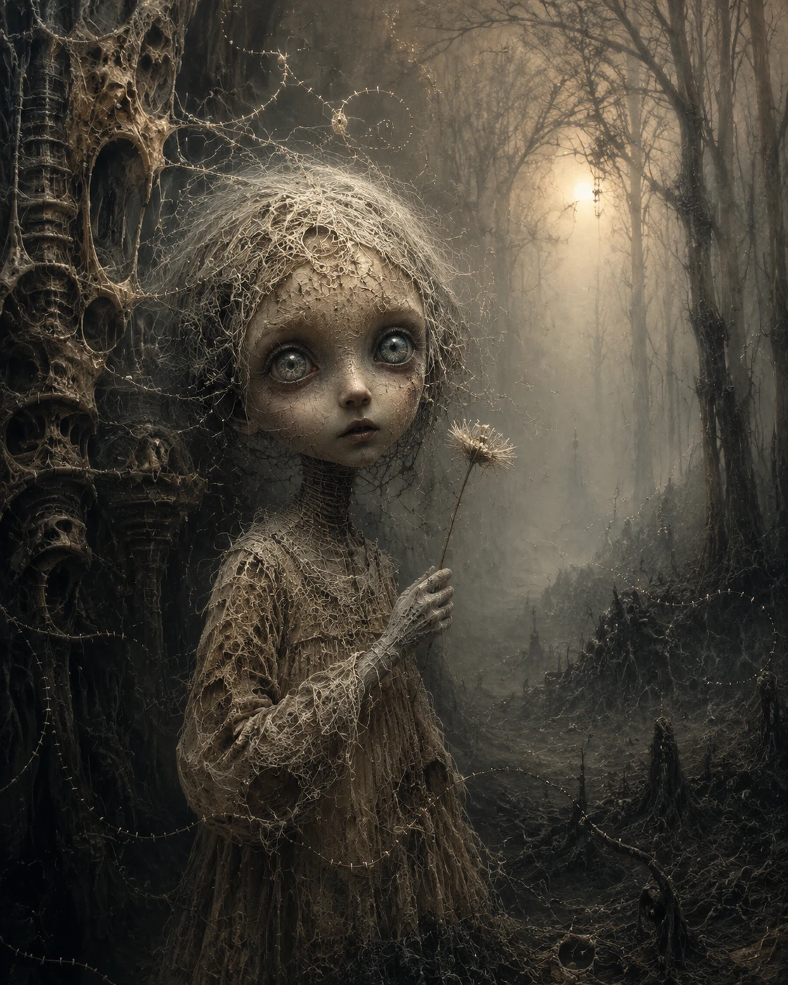 Surreales Kind mit Pusteblume am Rand eines nebligen Waldes
