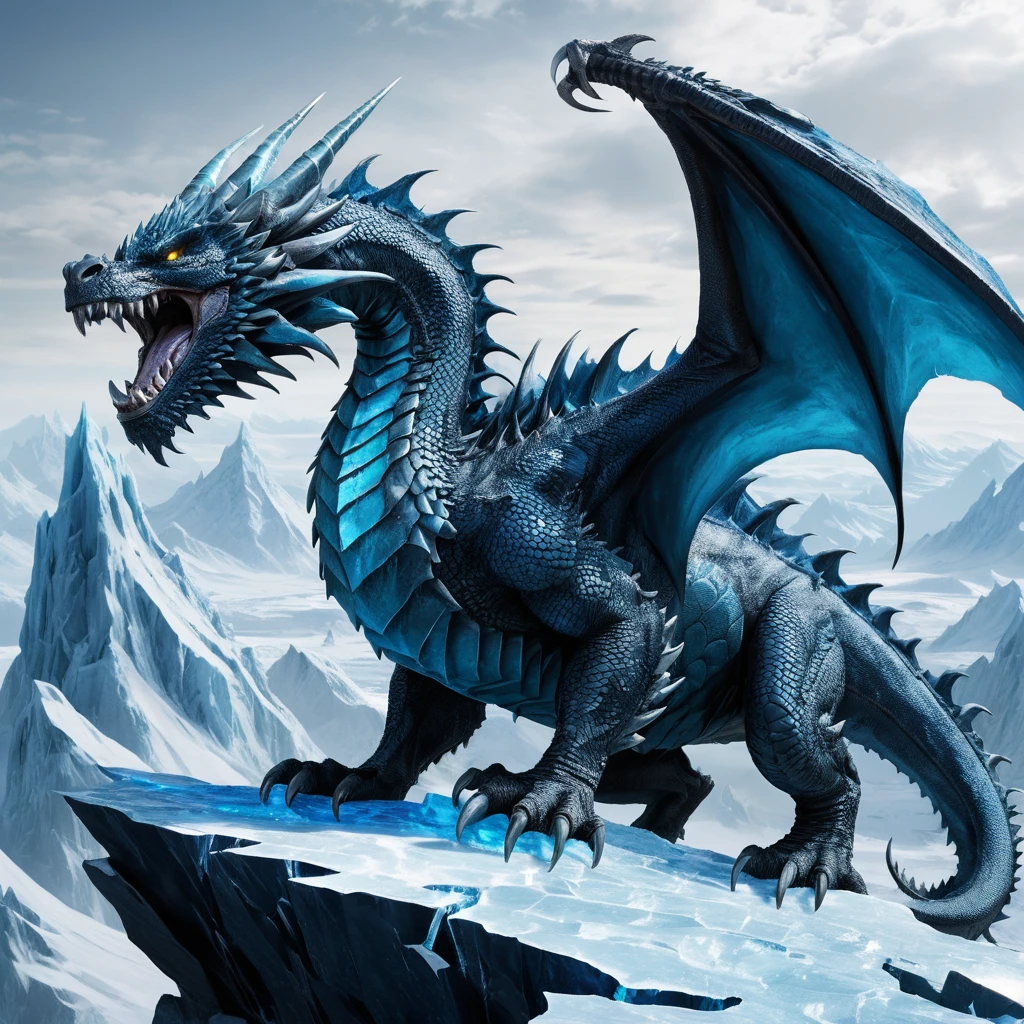 Ancien dragon bleu au sommet d’une montagne glacée brisée