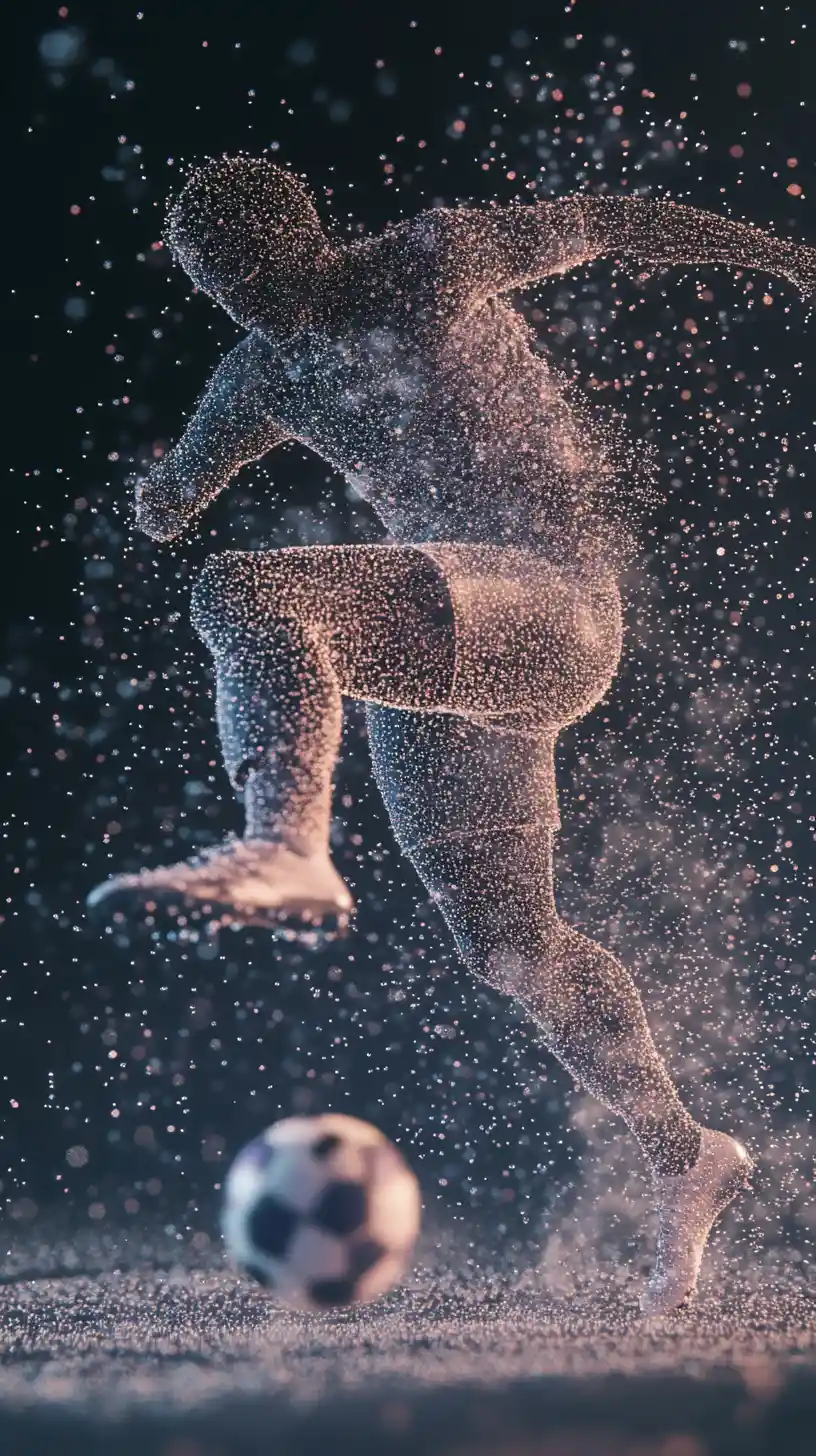 Soccer player and ball dissolving into swirling particles