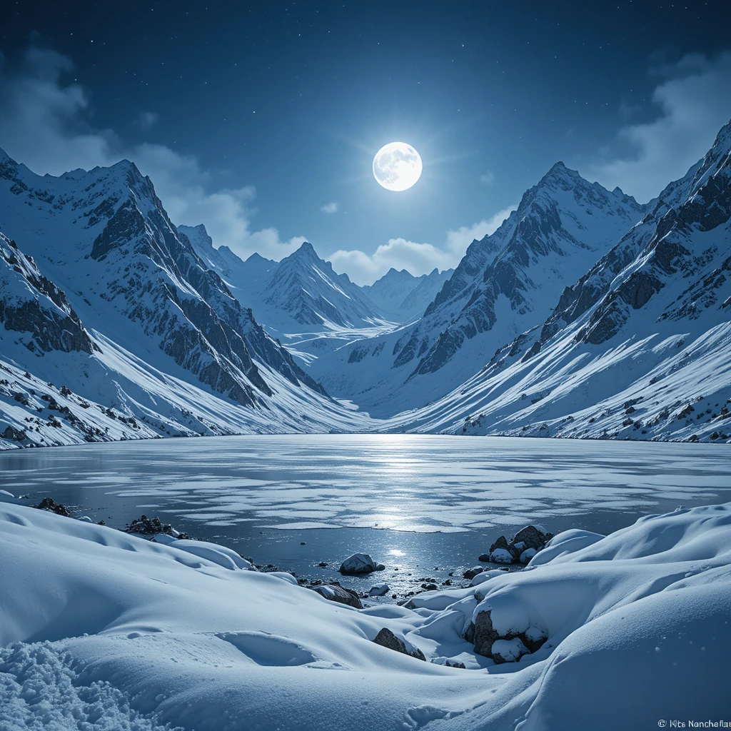 Montagnes enneigées au clair de lune au-dessus d’un lac d’hiver gelé