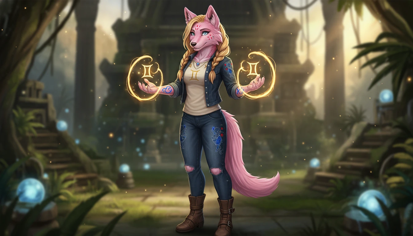 Anthro-Pink-Wolfmädchen mit Zwillinge-Markierungen in Freizeitkleidung