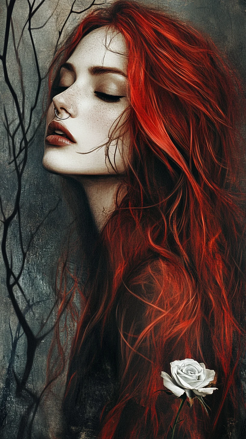 Retrato gótico de uma mulher com cabelo ruivo e rosa branca