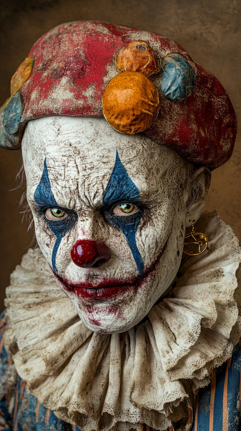 Retrato em close de um palhaço triste em traje ornamentado