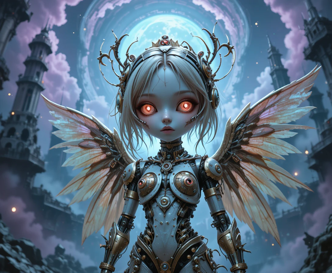 Surreal cybernetic angel with chibi face in cosmic abyss