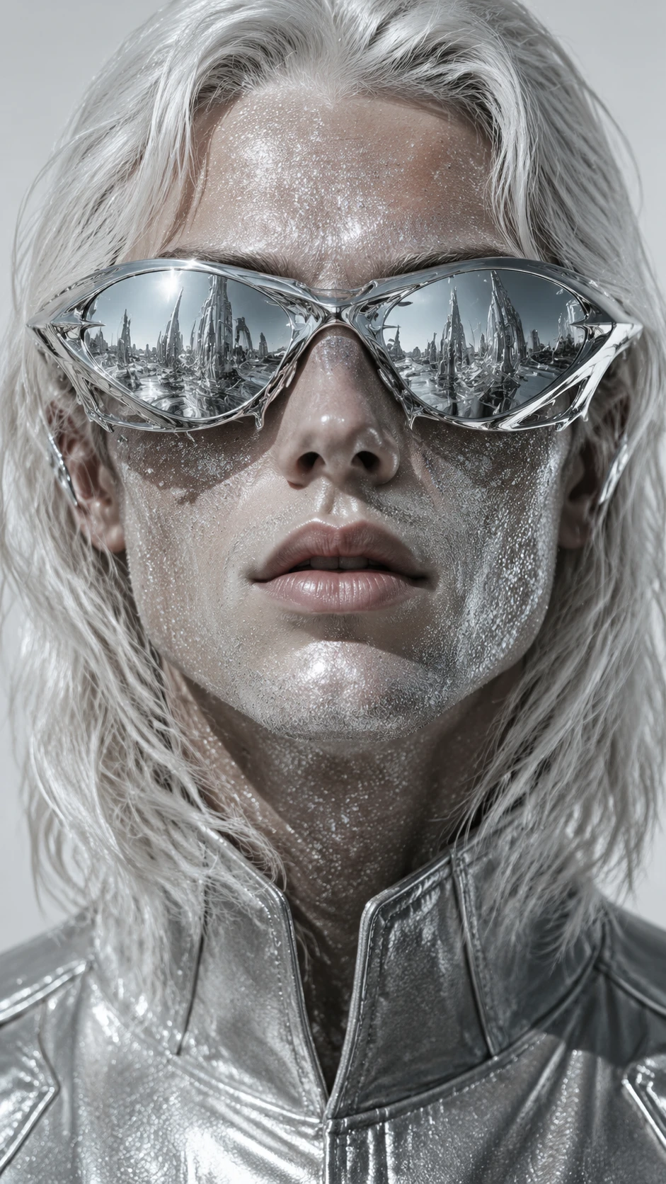 Close up portrait of albino man in silver futuristic fashion