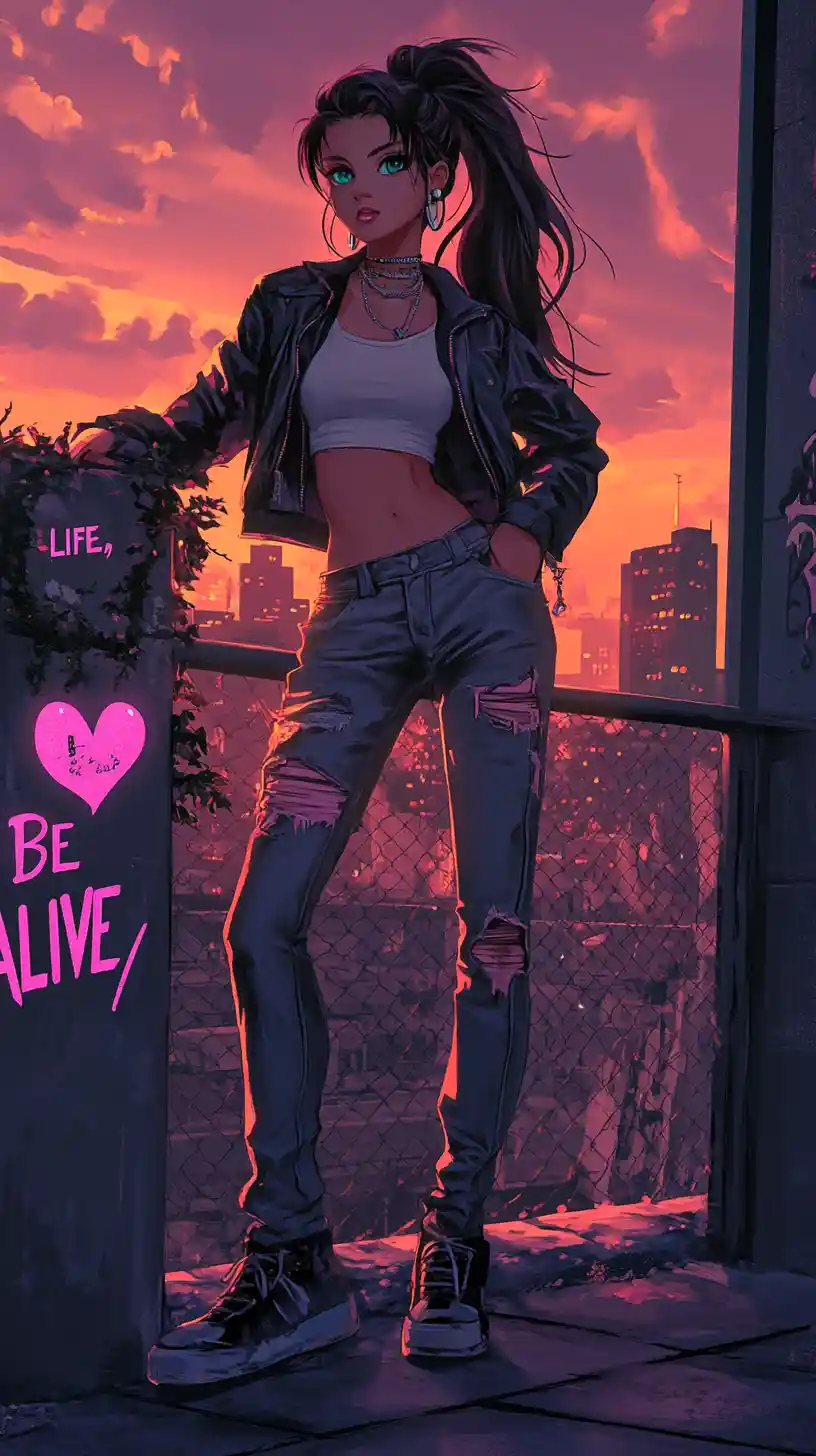 Ragazza anime sicura di sé su una terrazza cittadina al tramonto