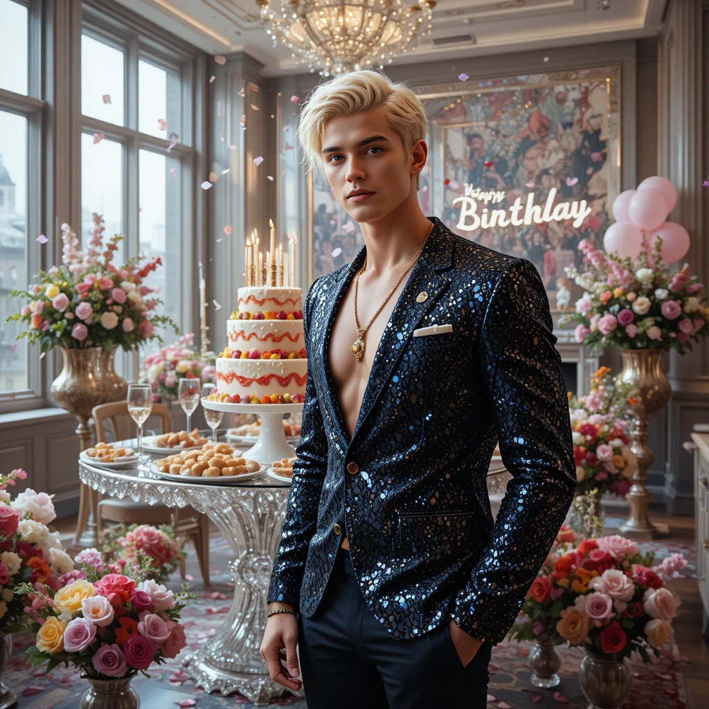 Jeune homme blond en costume à paillettes à une fête d’anniversaire